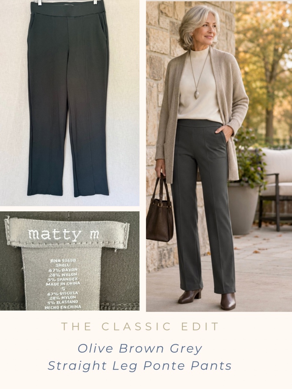 Matty M Olive Brown-Grey Straight Leg Ponte Pants